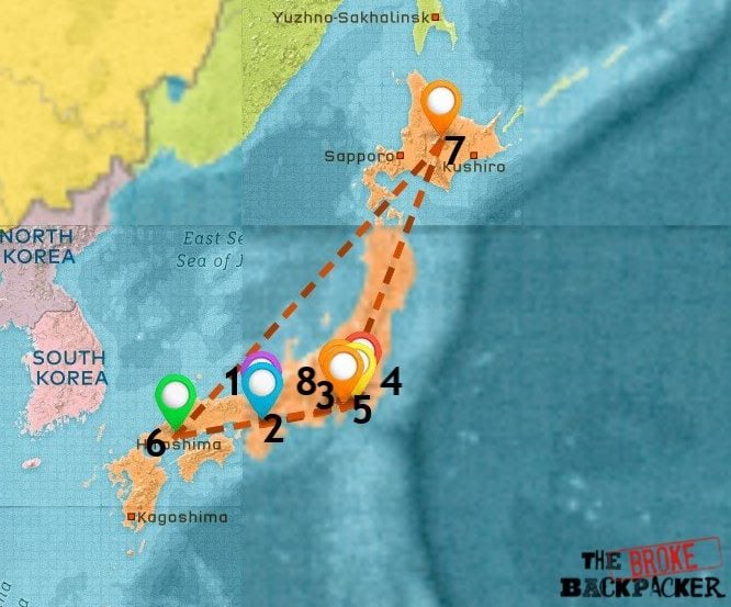 Eine Karte von Orten, an denen Sie in Japan bleiben können