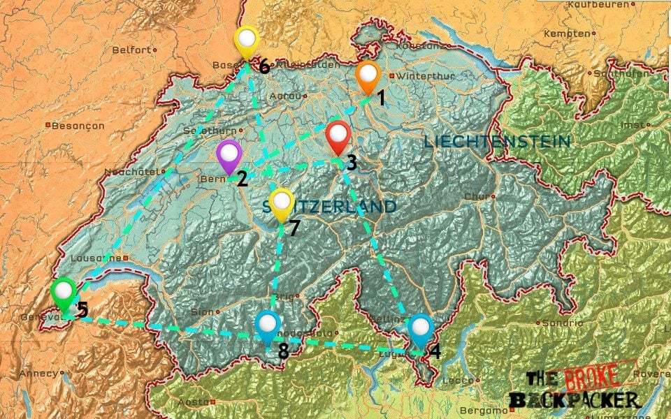 Eine Karte von Orten, an denen Sie in der Schweiz bleiben können