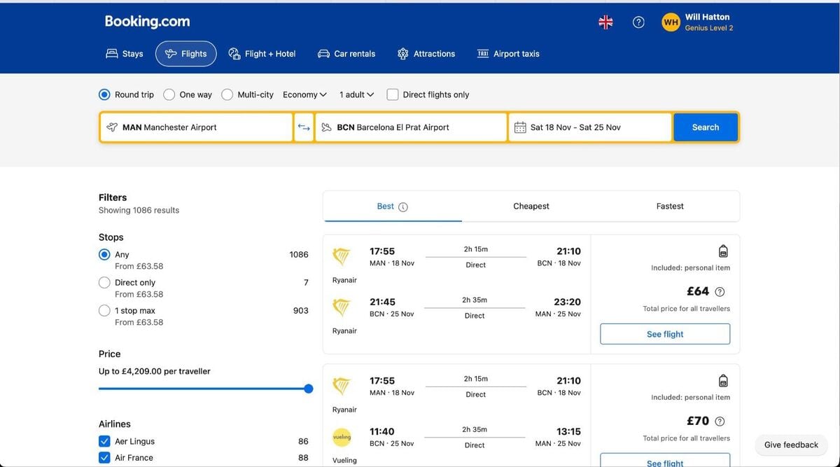 Screenshot zum Finden von Flugtickets auf Booking. com von Manchester nach Barcelona