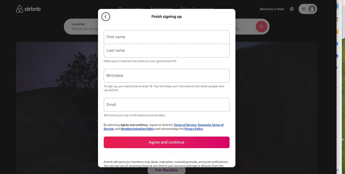 Screenshot des Registrierungsformulars auf Airbnb