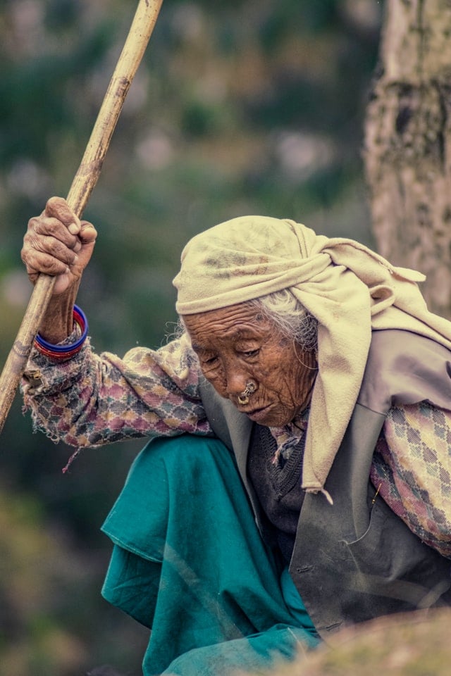 Alte nepalesische Frau in ländlichen Gebieten Nepals kümmert sich um Vieh und Viehzucht