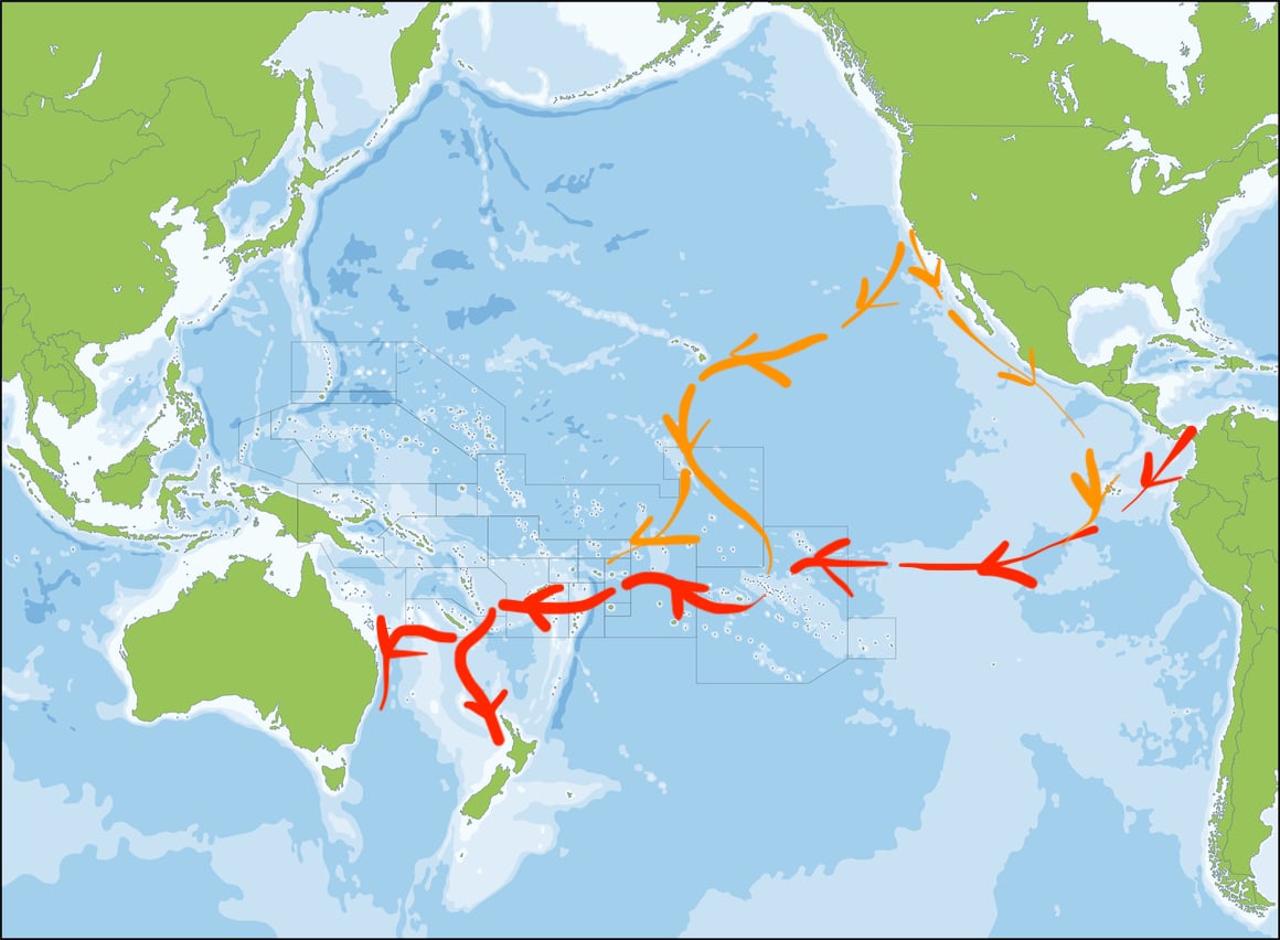 Pazifische Karte mit Schwimmrouten von Ost nach West