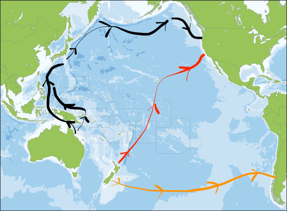 Eine Karte, die mögliche Schwimmrouten von West nach Osten durch den Pazifik zeigt
